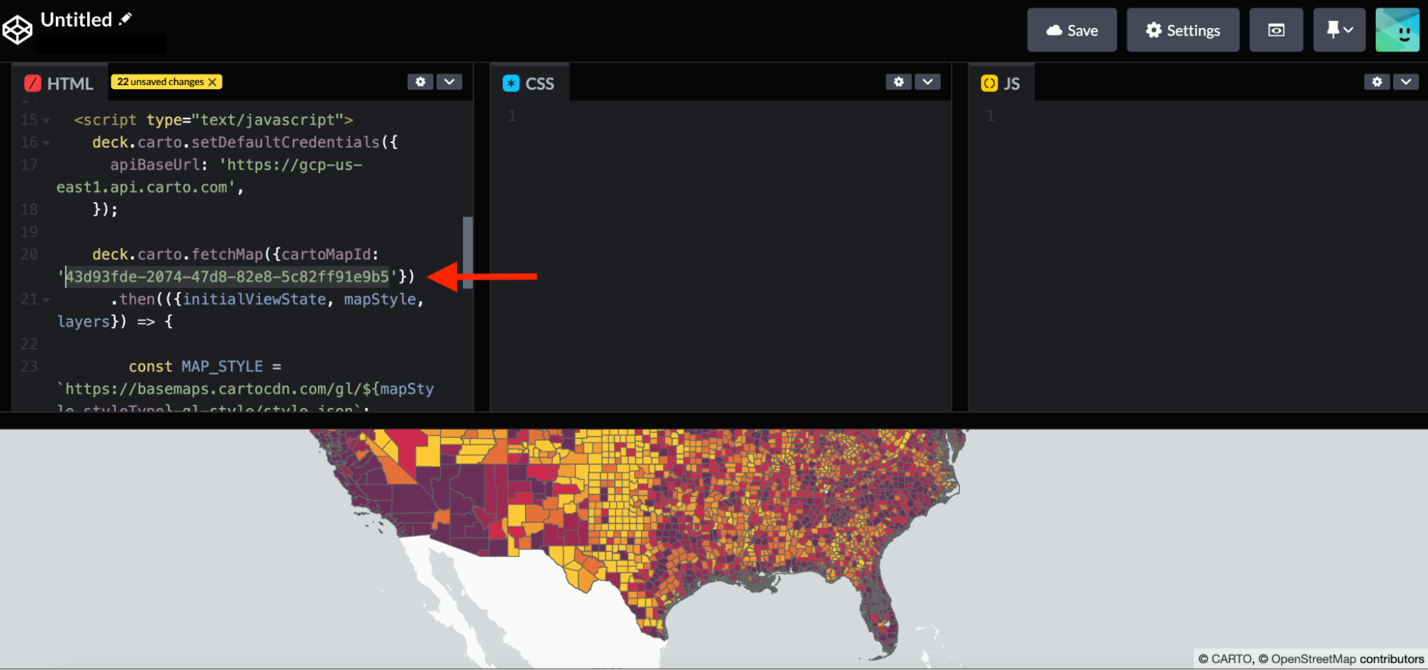 Code line of the Id map to change in the html template (Visualization in Codepen)