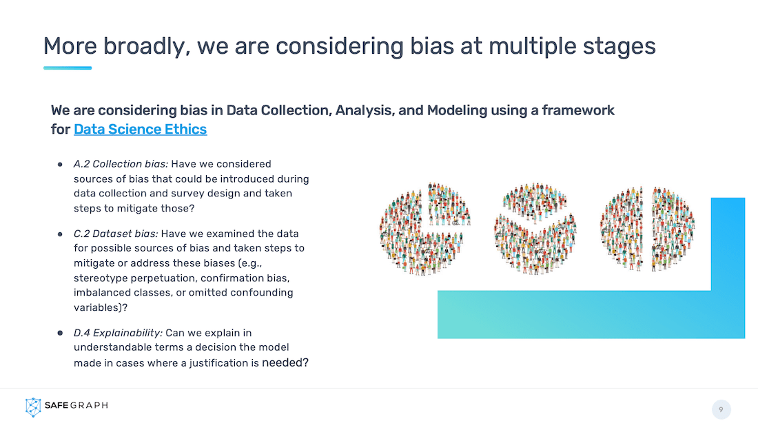 Considering bias at multiple stages following the Data Science Ethics framework  as presented by Jeff Ho Technical Product Manager at SafeGraph