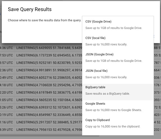 Screenshot of Saving Query Results as a BigQuery Table