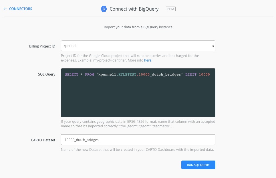 Screenshot showing the BigQuery Connector within CARTO