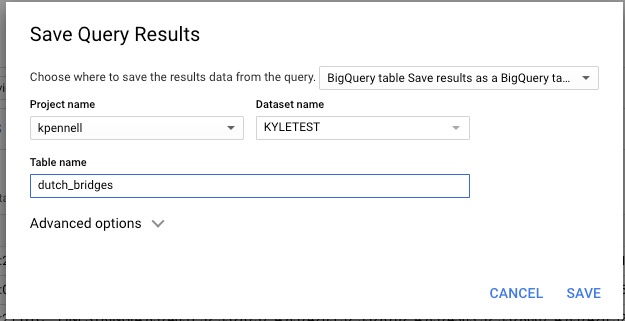 Screenshot of Saving Query Results as a BigQuery Table