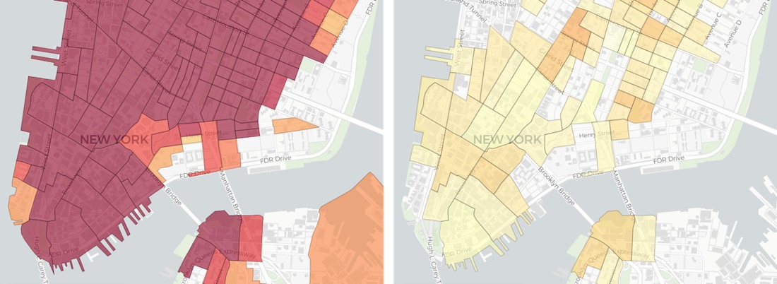 Screenshots showing the decrease in spending between two weeks in New York