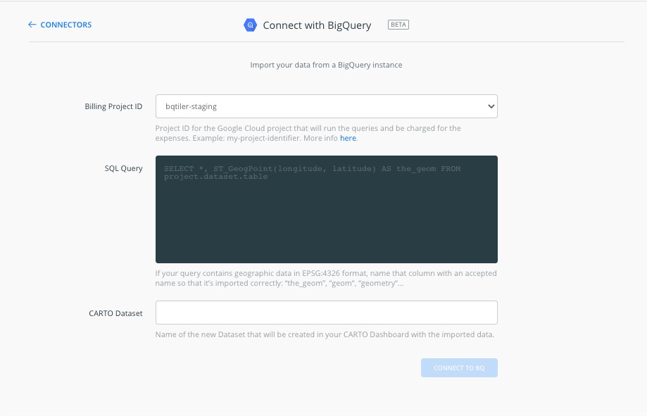 Screenshot of the BigQuery Connector Setup within CARTO Builder