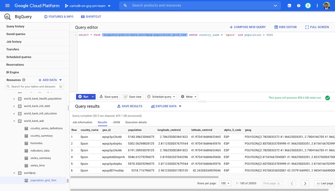 Screenshot of BigQuery