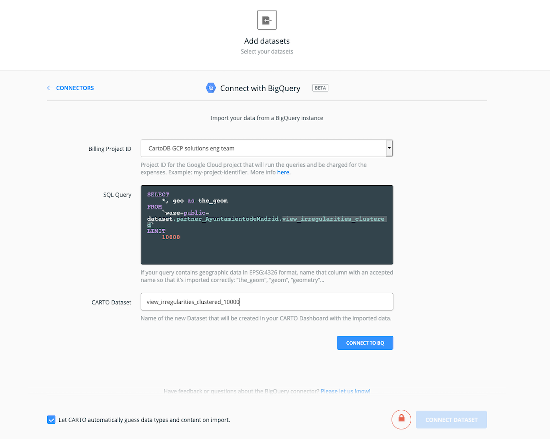 A screenshot showing how to connect with Google BigQuery from within CARTO Builder