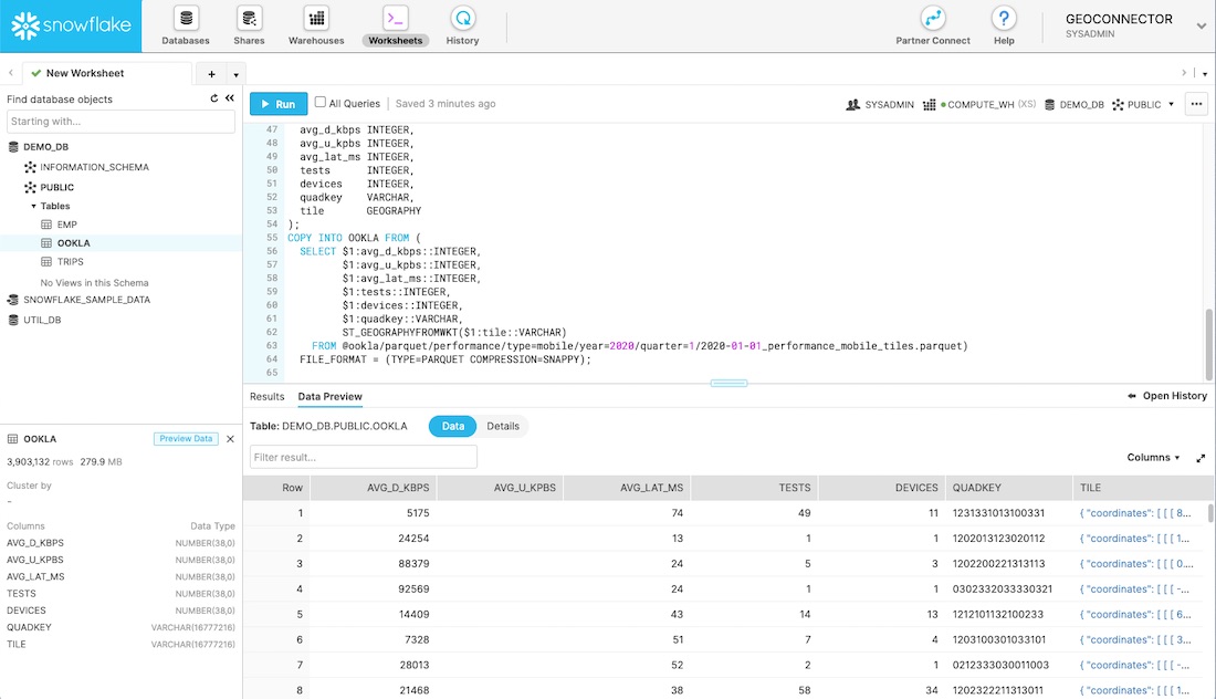 A screenshot showing preview of the data within the Snowflake dashboard