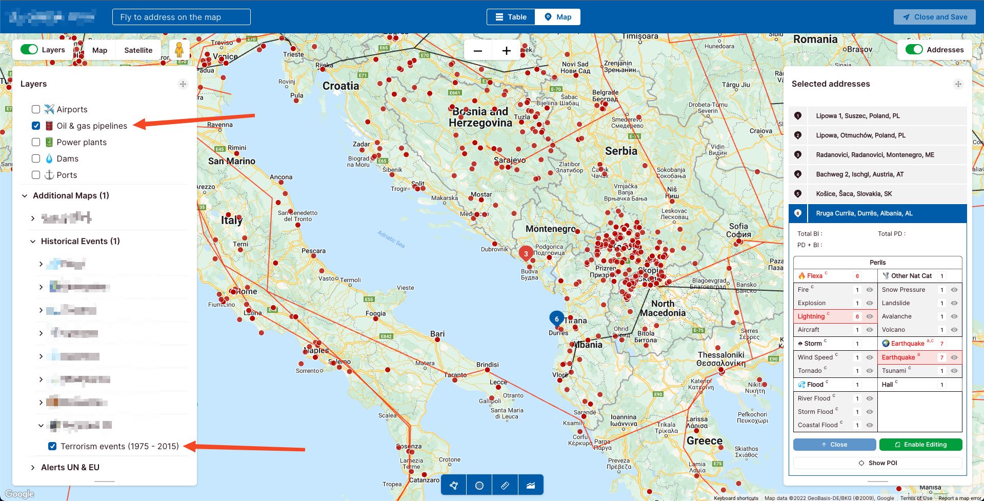 A map screenshot showing red dots and lines, indicating utility infrastructure across Southern Europe.