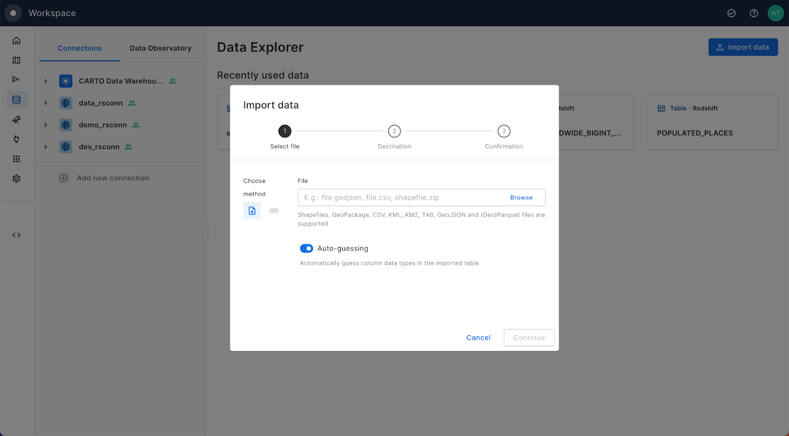 A screenshot showing the AWS Redshift import UI.