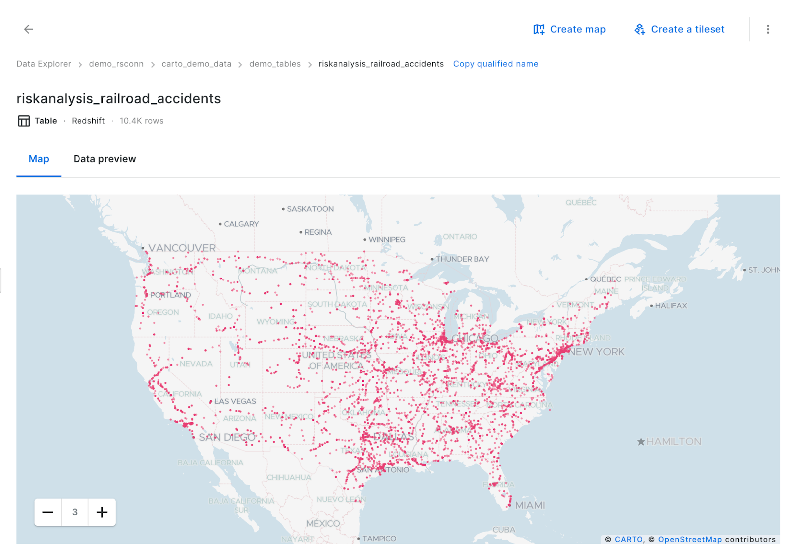 A screenshot showing data loaded into AWS Redshift, which is a preview of points on a map.