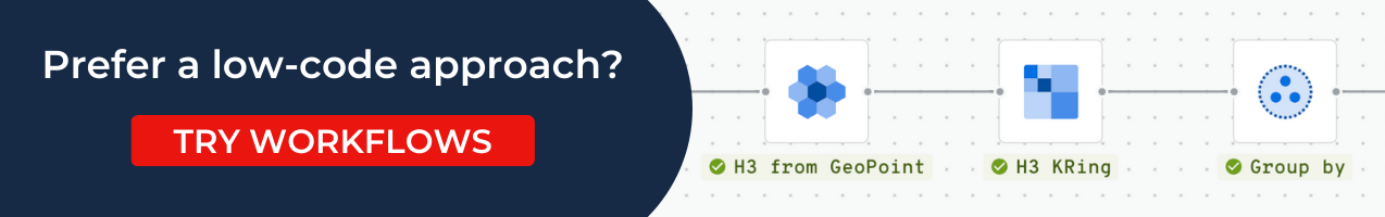 Banner promoting CARTO Workflows with the text "Prefer a low-code approach? Try Workflows" and a screenshot of an example workflow