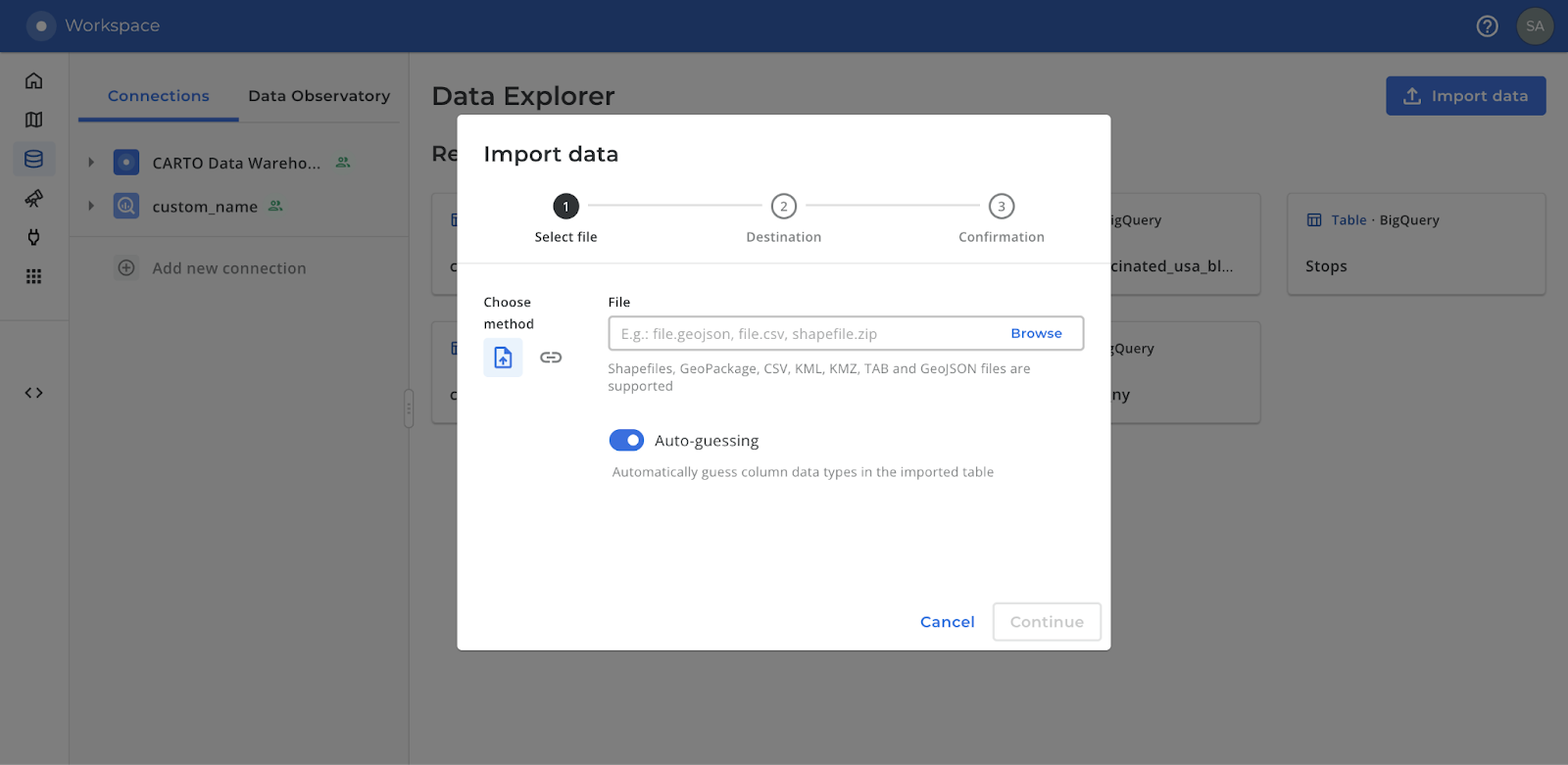 A screenshot of the CARTO Workspace with a dialogue box for importing data from a local file.