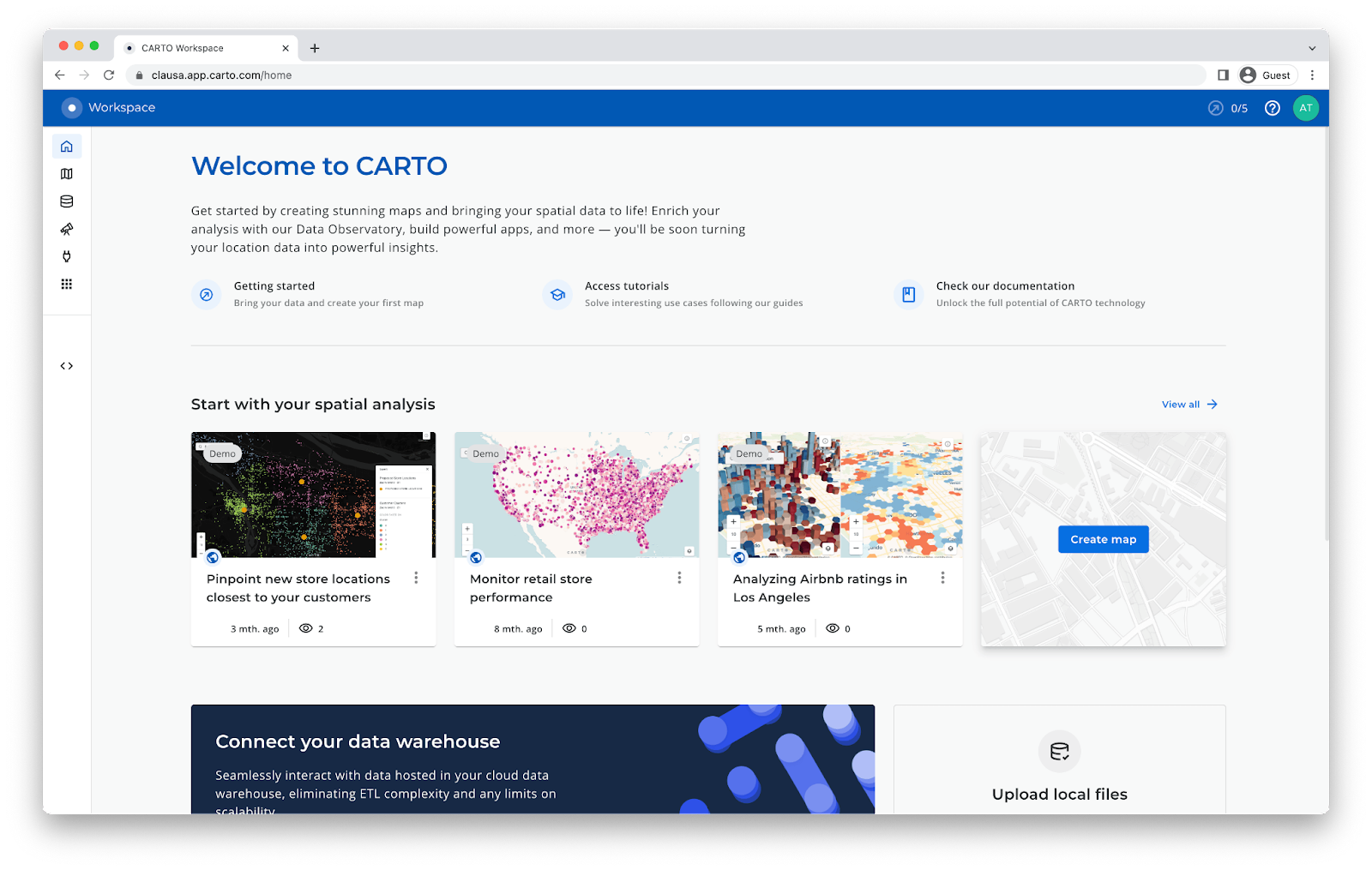 A screenshot of the CARTO workspace which says "Welcome to CARTO" and includes images of maps, tutorials and guides.