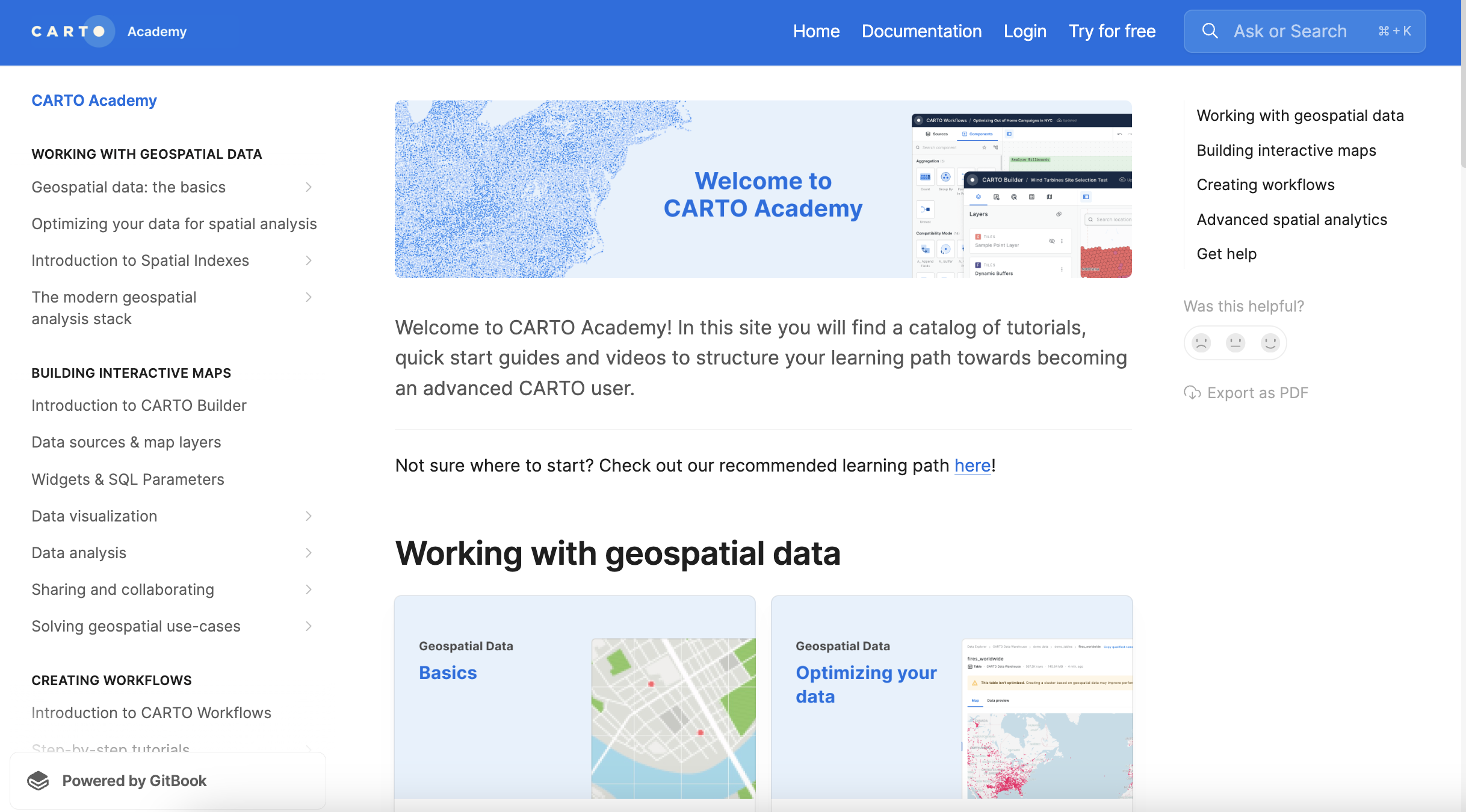 A screenshot of the CARTO Academy homepage