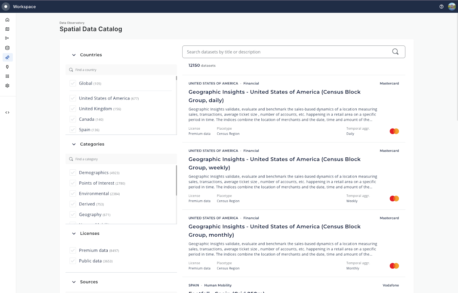 A screenshot of the CARTO Spatial Data Catalog showing possible data filters such as Countries & Categories, and the first few available datasets which are all called Geographic Insights from Mastercard.