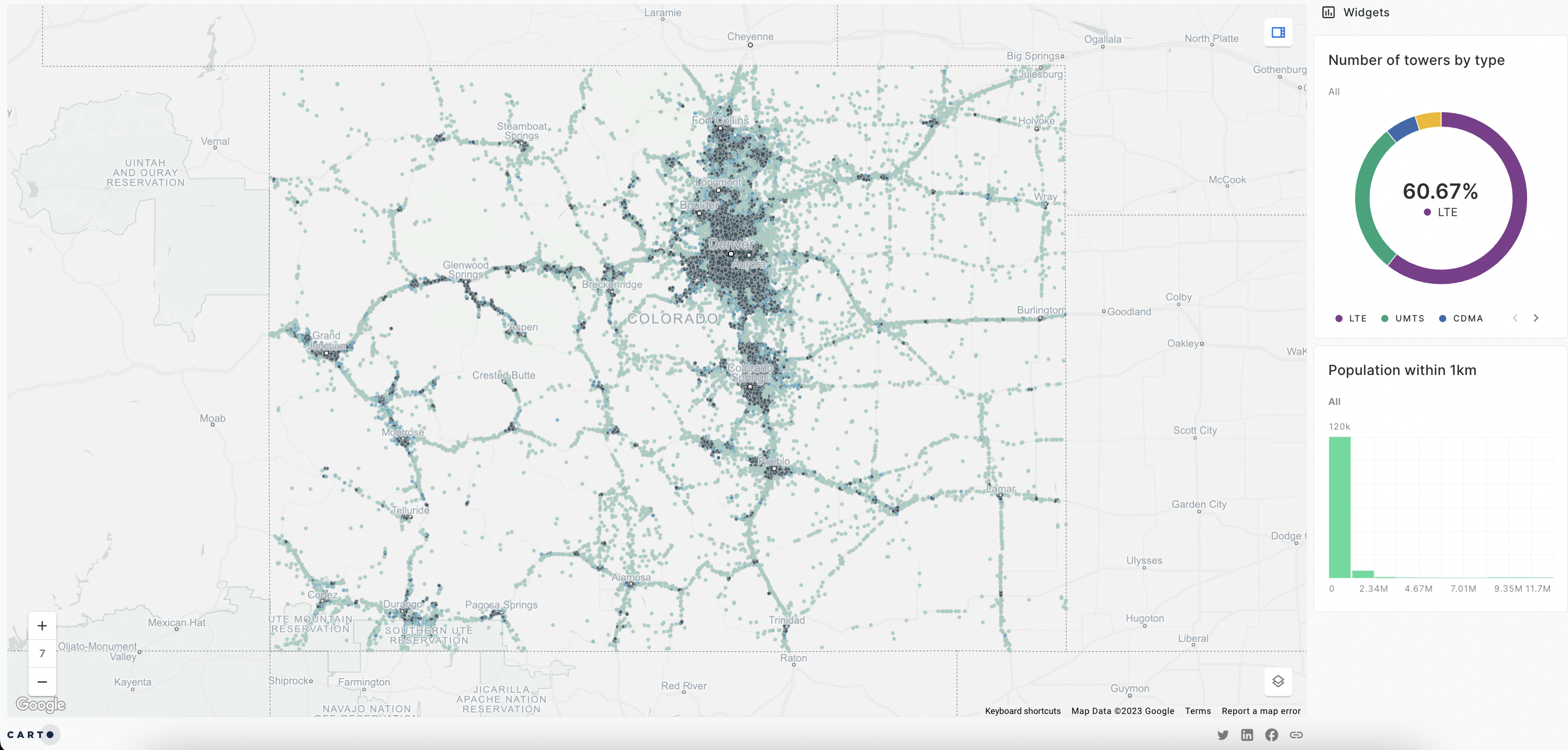 A map showing cell towers in Colorado