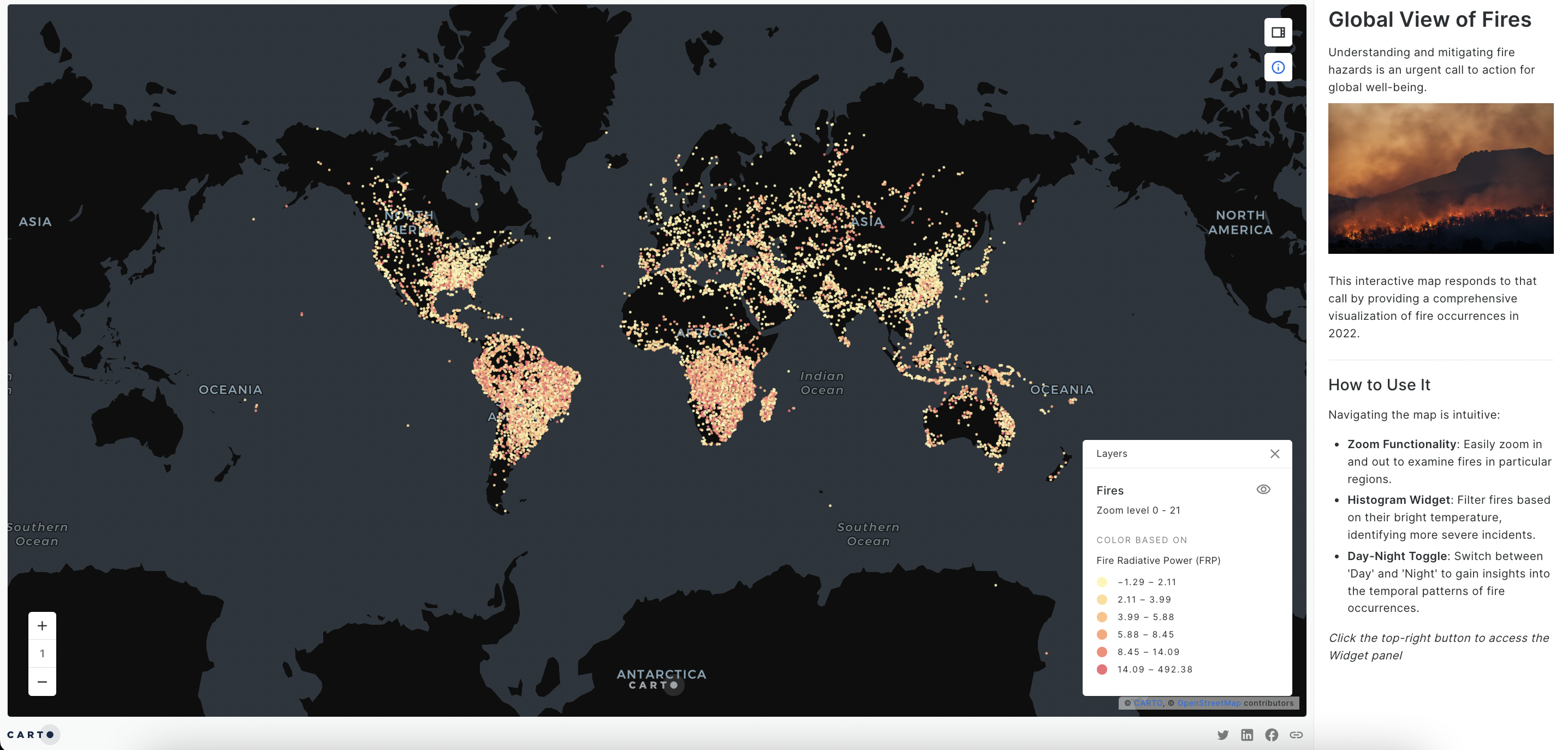 A map showing global wildfires