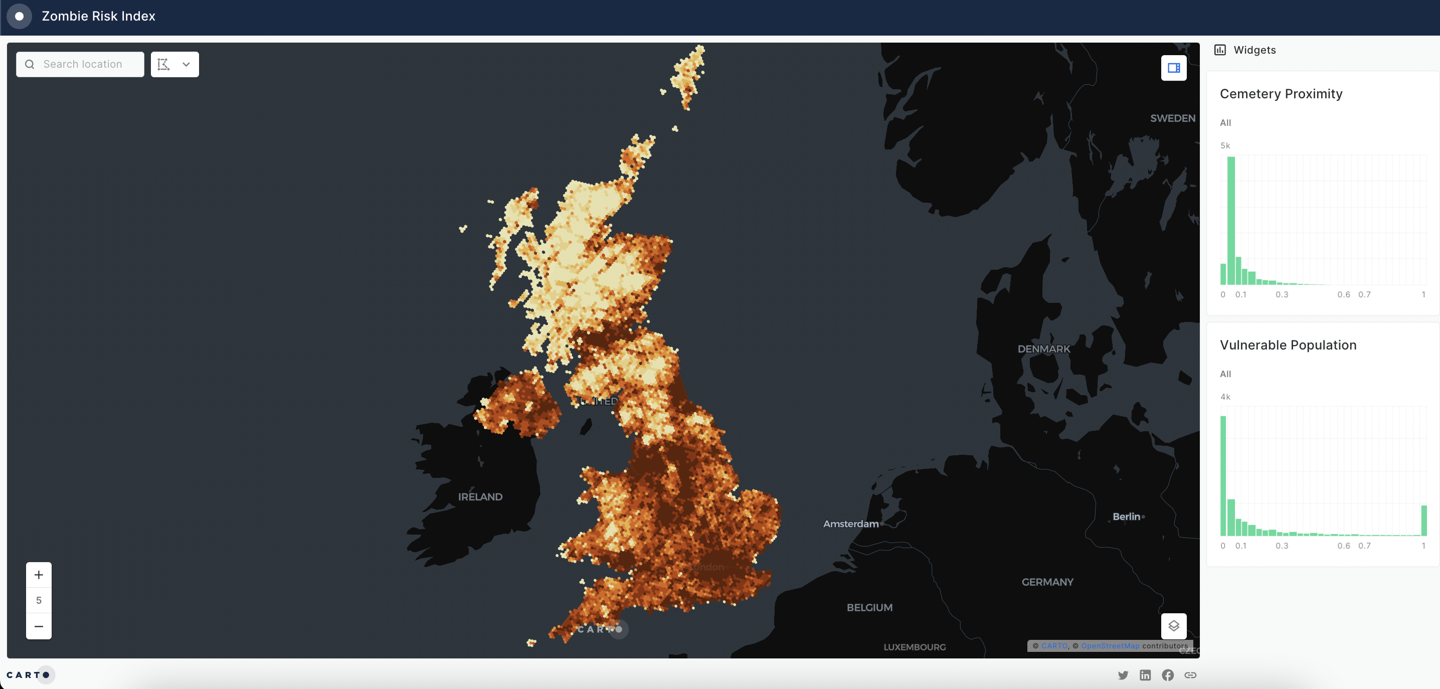 A map showing danger from zombies