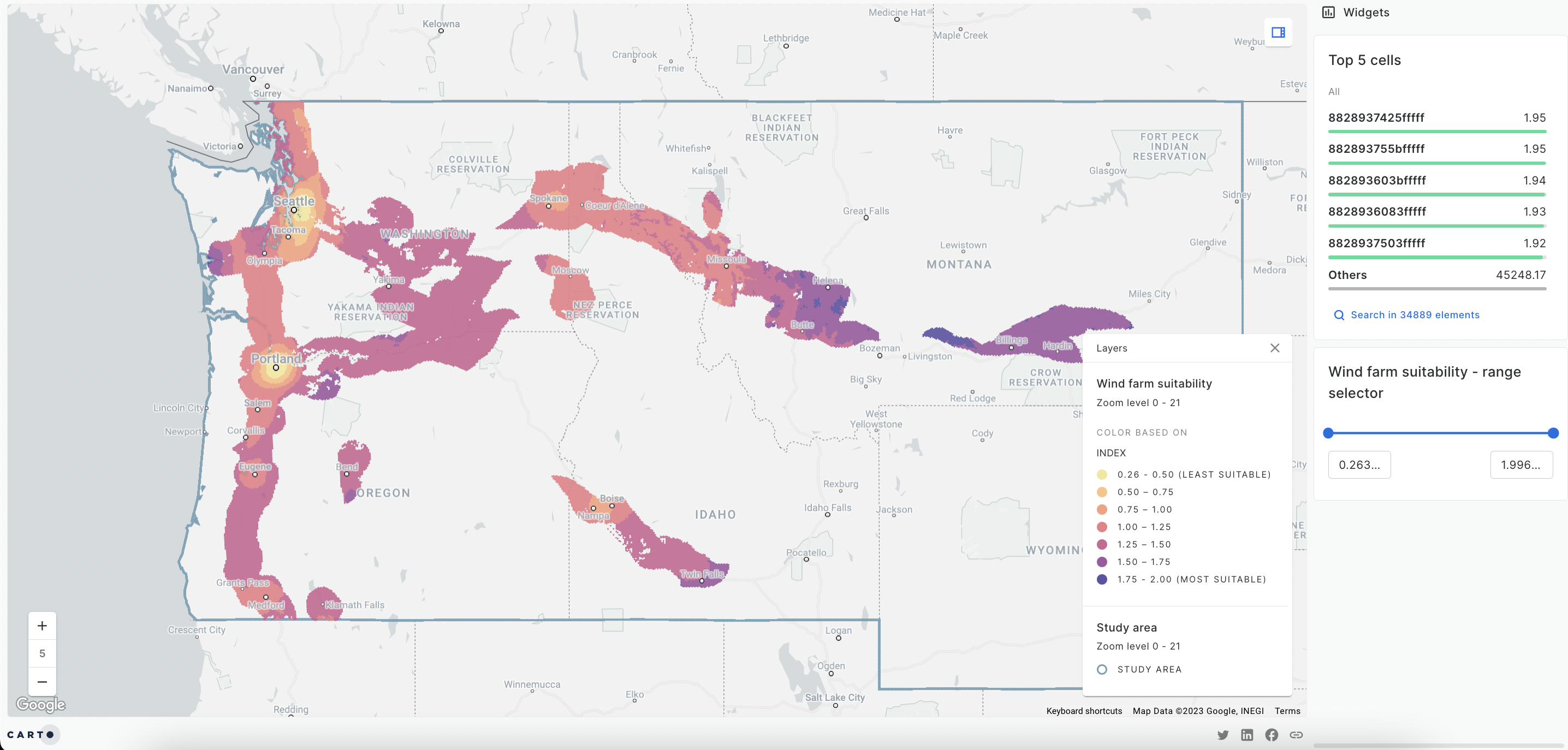 A map showing optimal wind farm site locations in the north west US