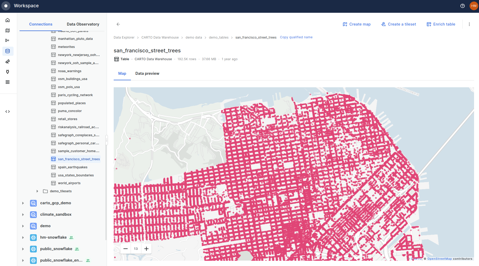 A screenshot of CARTO's Data Explorer showing the page for San Francisco Street Trees, including data information and a map preview.