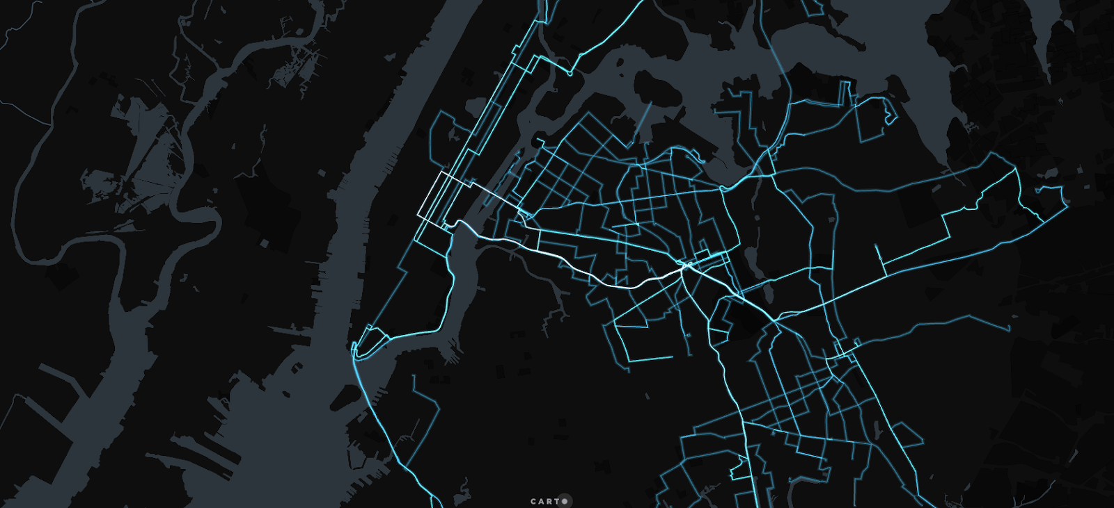 A map showing bus lines across New York City in glowing blue lines.