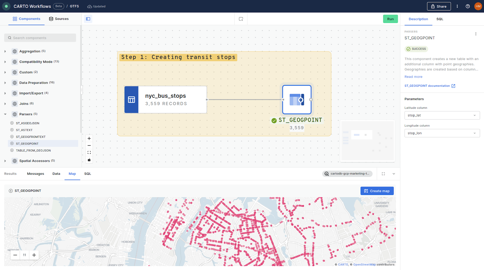 A screenshot showing a Workflow which turns the GTFS stops table into a geometry using ST_GEOGPOINT.