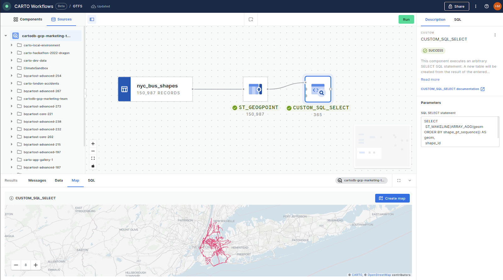 A screenshot of the CARTO Workflows tool with the tools ST GEOG POINT and CUSTOM SQL SELECT used to demonstrate this process.