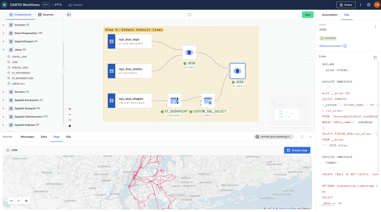 A screenshot of the CARTO Workflows tool illustrating how to join the routes, trips and shapes table.