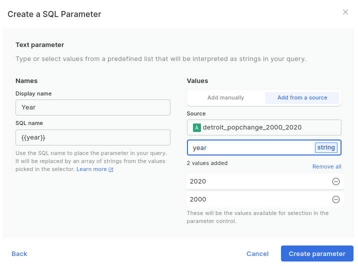 A screenshot of the "Create a SQL Parameter" window, with the fields filled in to create a year-based parameter.