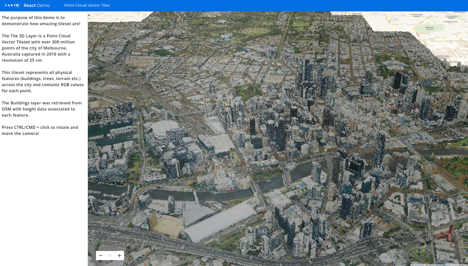 A screenshot of a map showing 3D point clouds with colour values to look like realistic terrain and buildings