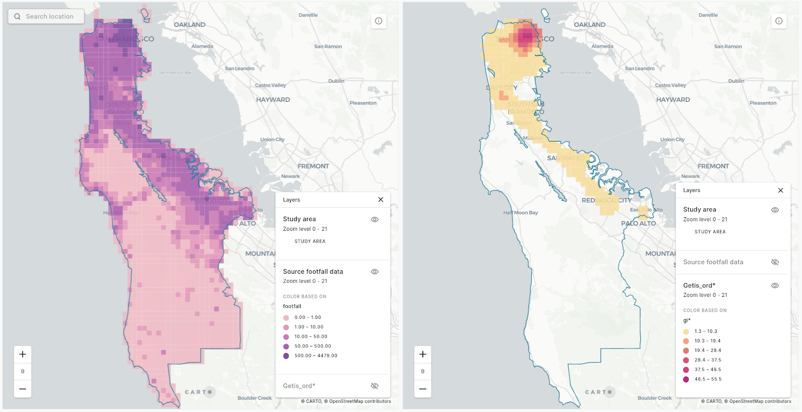 A side-by-side comparison of two maps; the left hand map shows raw footfall data around San Francisco, and the right hand map shows this data's hotspots.