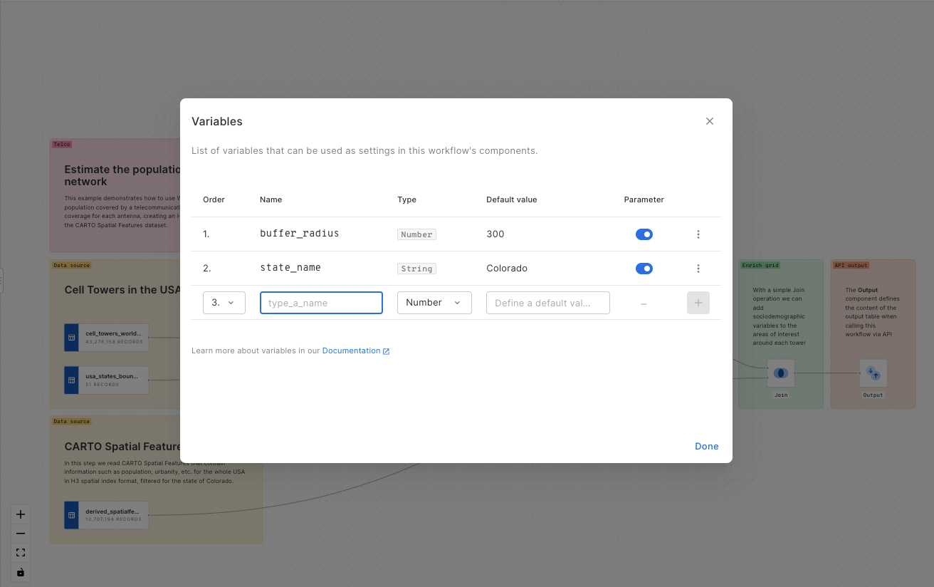 An image showing a screenshot of CARTO workflows with the user setting the variables