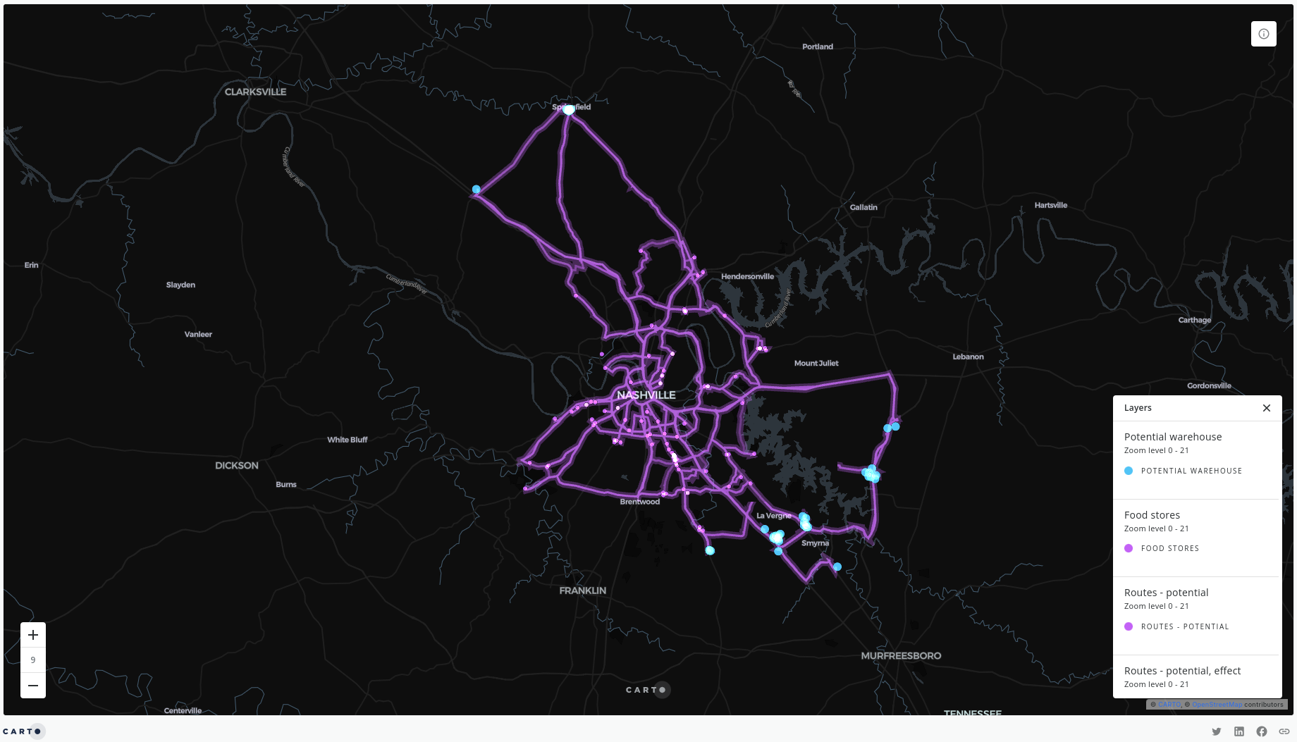 A map showing the output of the previous analysis, with purple routes linking  blue dots (potential warehouse locations) to purple dots (merchants).