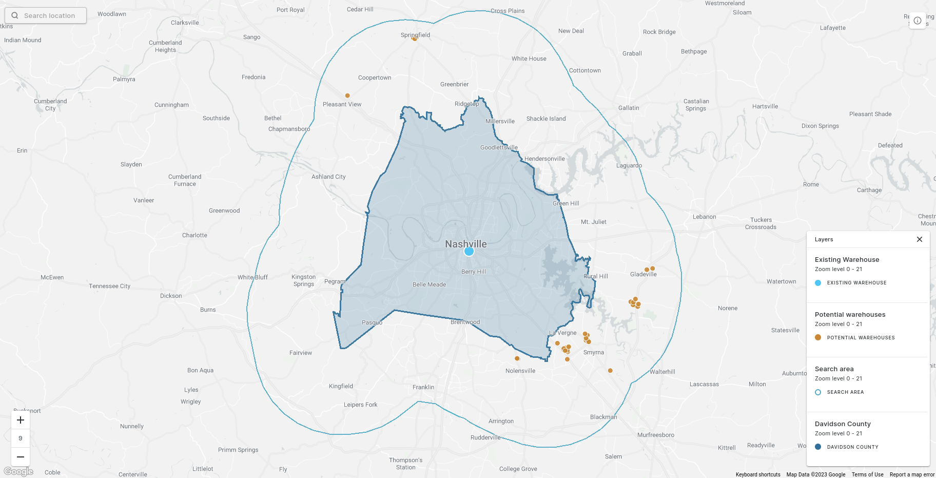 A map showing warehouses within 10 miles of Davidson County, Tennessee. On the map are locations of the potential warehouses, the existing warehouse, the boundary of Davidson County and a 50 mile ring around it.