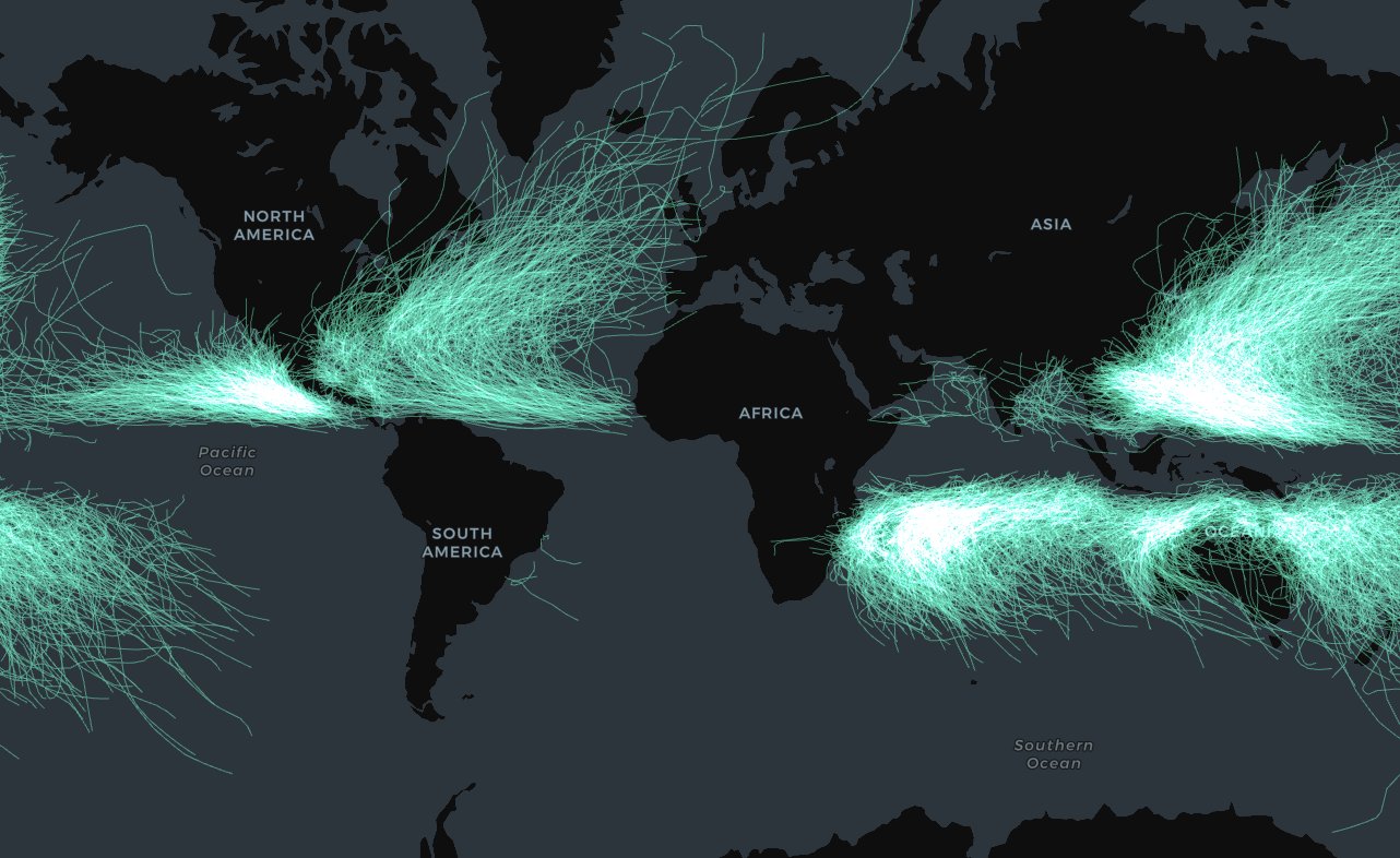 A map showing historic hurricanes shown in a glowing green.