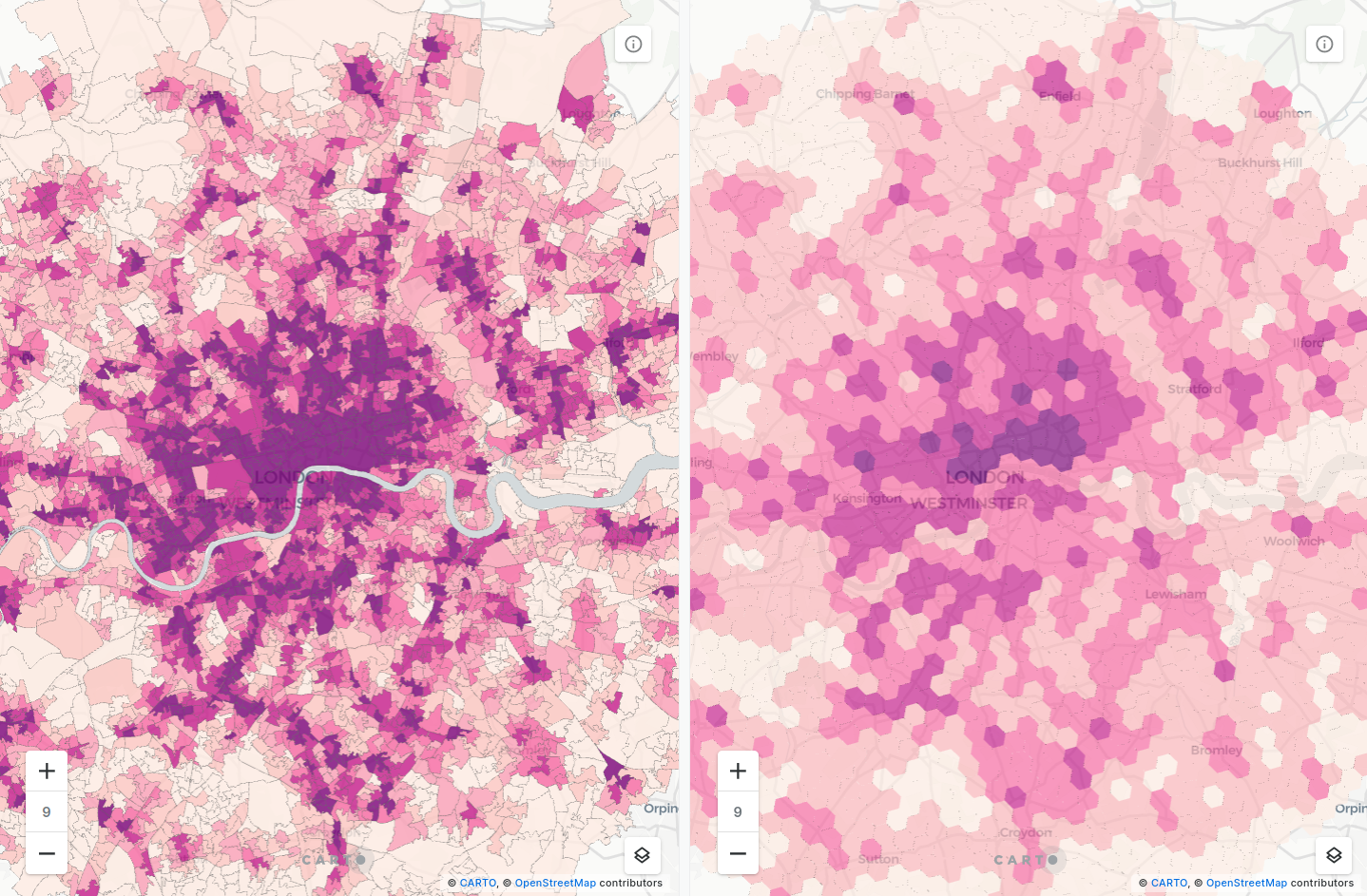 Two side-by-side maps showing irregular zones (left) vs a regular hexagonal grid (right).