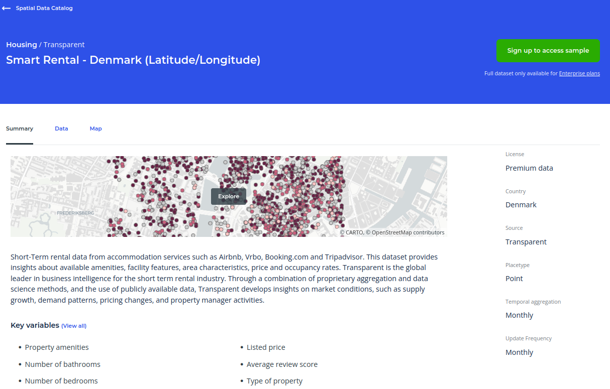 A screenshot of the CARTO Spatial Data Catalog showing a preview of the Smart Rental data for Denmark.