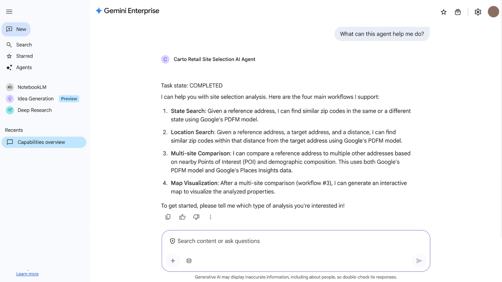 A screenshot of CARTO's Site Selection AI Agent being used in Gemini Enterprise