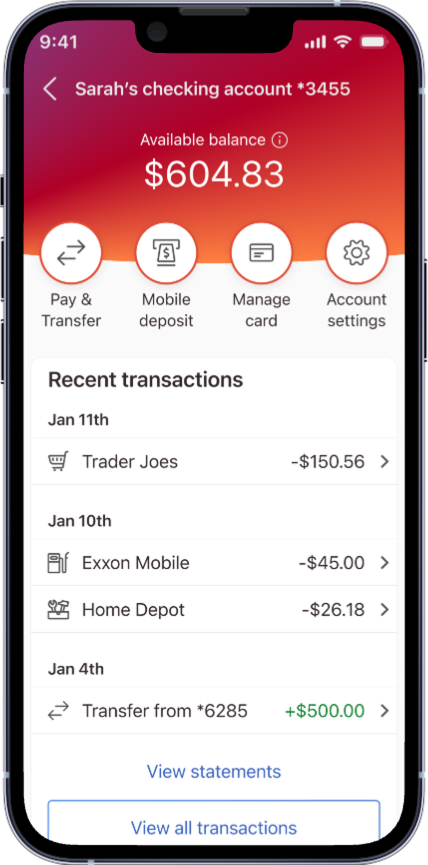 iphone mock up of a checking account page