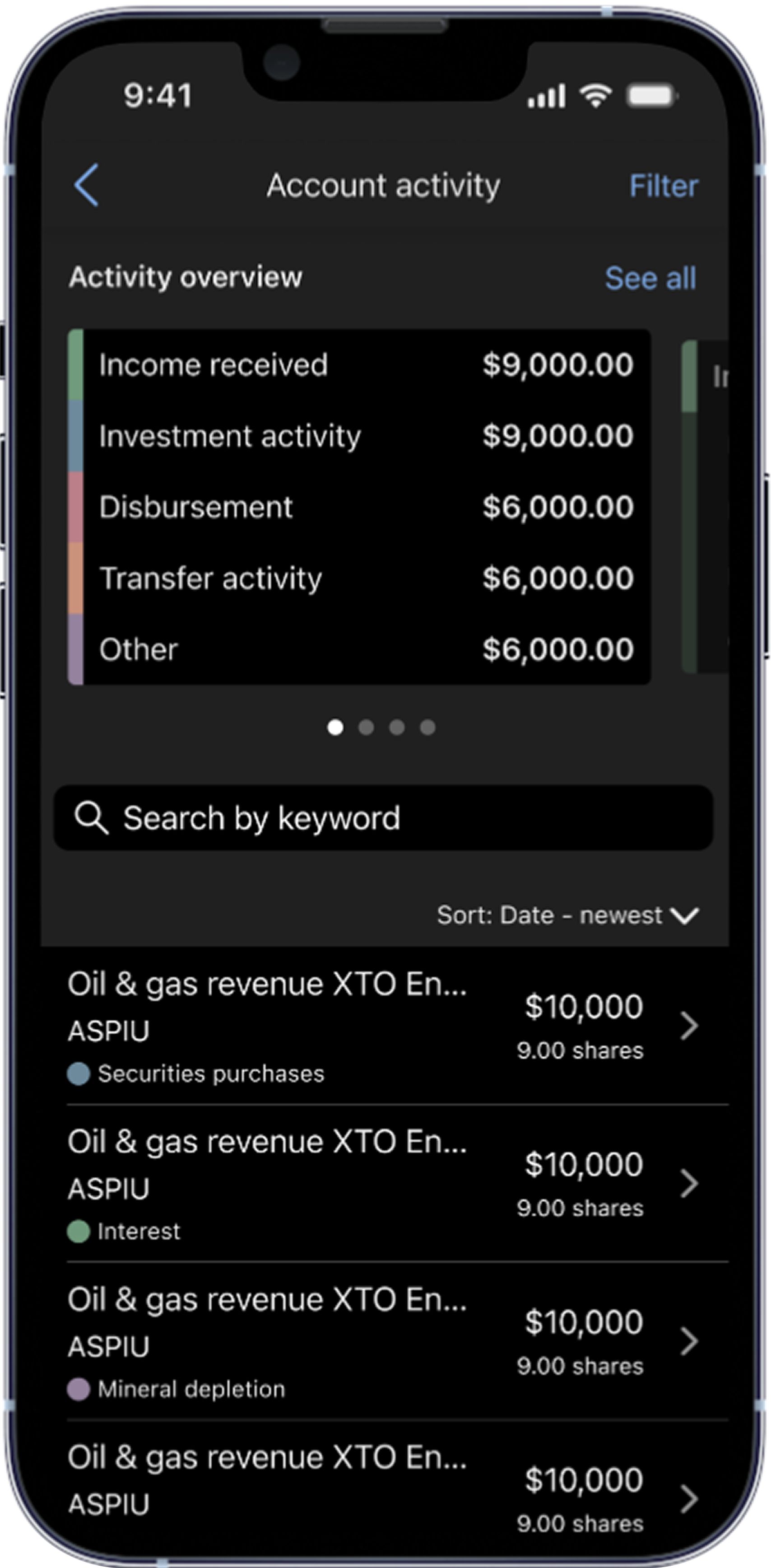 iphone mock up of account activity page