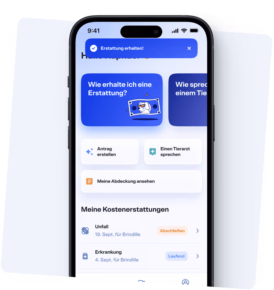 Smartphone zeigt Tierkrankenversicherungs-App mit Bestätigung einer erhaltenen Erstattung und Übersicht der Kostenerstattungen.