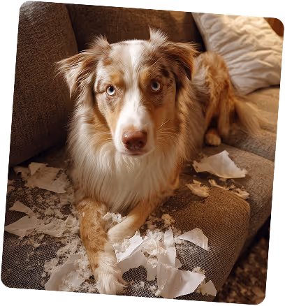 Red-Merle Australian Shepherd sitzt auf einem Sofa, umgeben von zerfetztem Papier.