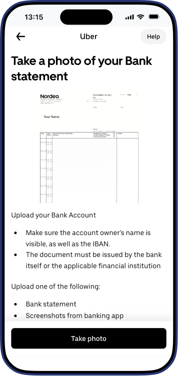 Uber Driver app upload bank statement screen