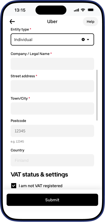 Uber Driver app fill in tax details screen