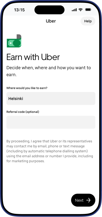 Uber Driver app basic sign-up details screen