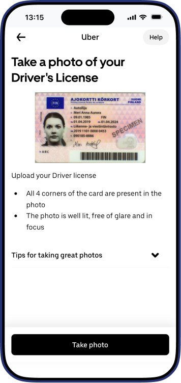 Uber Driver app upload driver's license screen