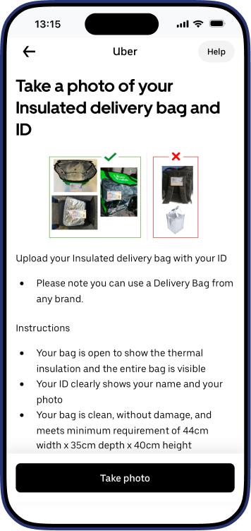 Uber Driver app upload delivery bag and ID screen