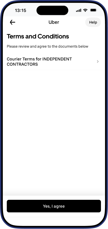 Uber Driver app accept terms and conditions screen