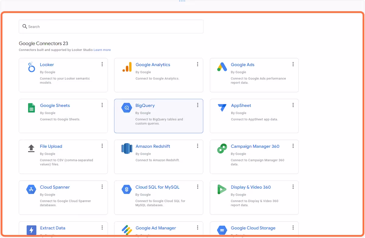 Choose Big Query from the list of Data Studio connectors