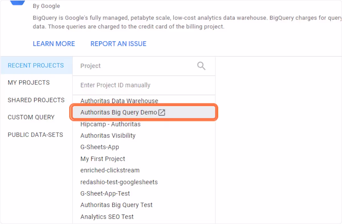 Select your Big Query Project