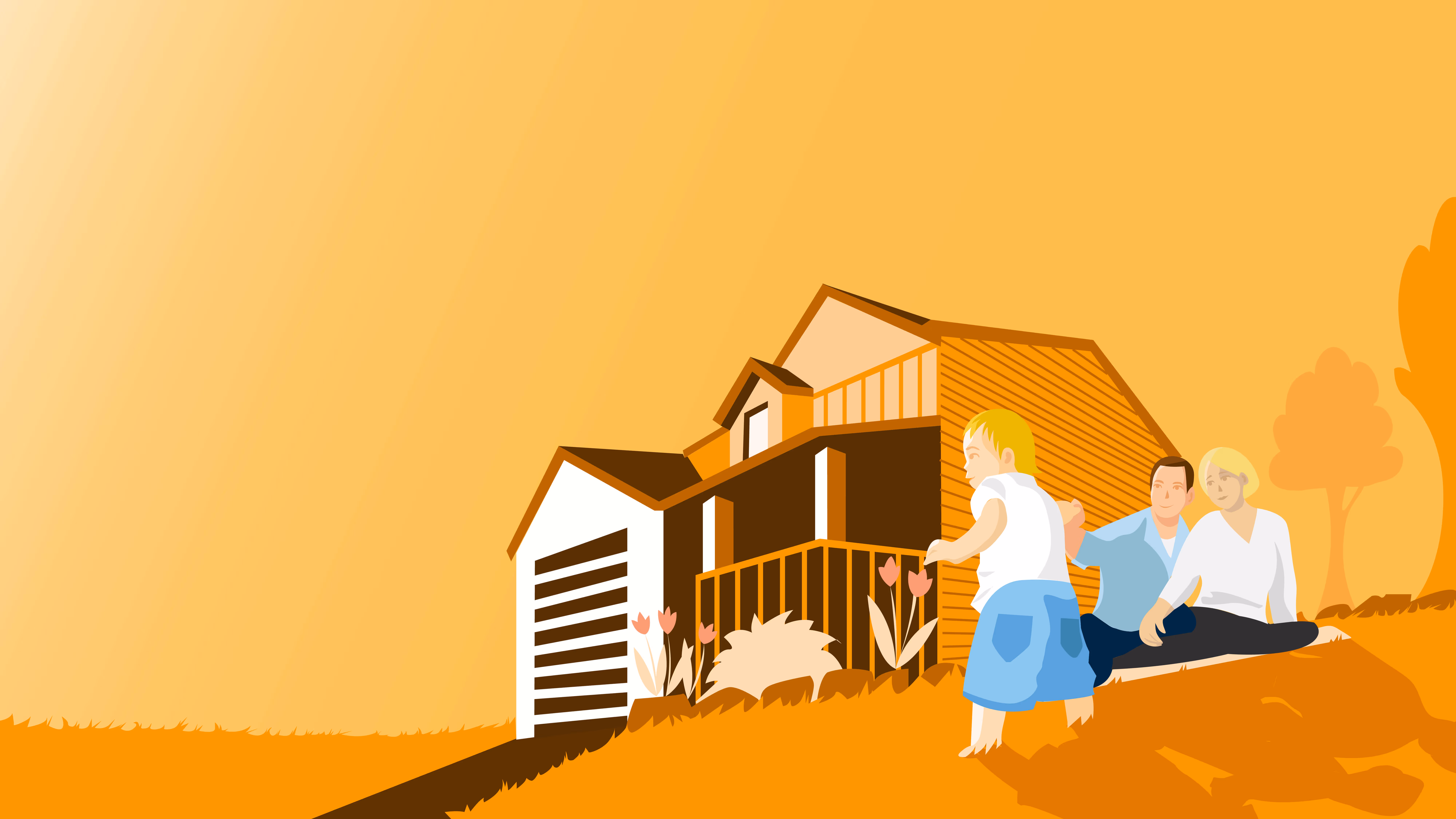 A illustration of a family sitting in front of their house